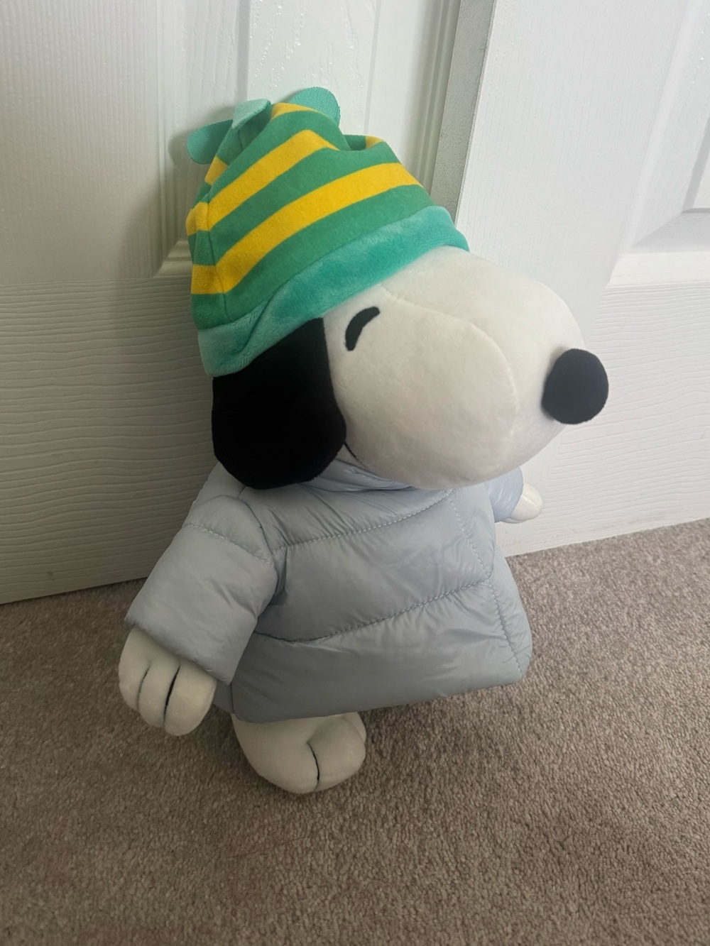Puffer Snoopy Plush with Teal & Yellow Striped Hat